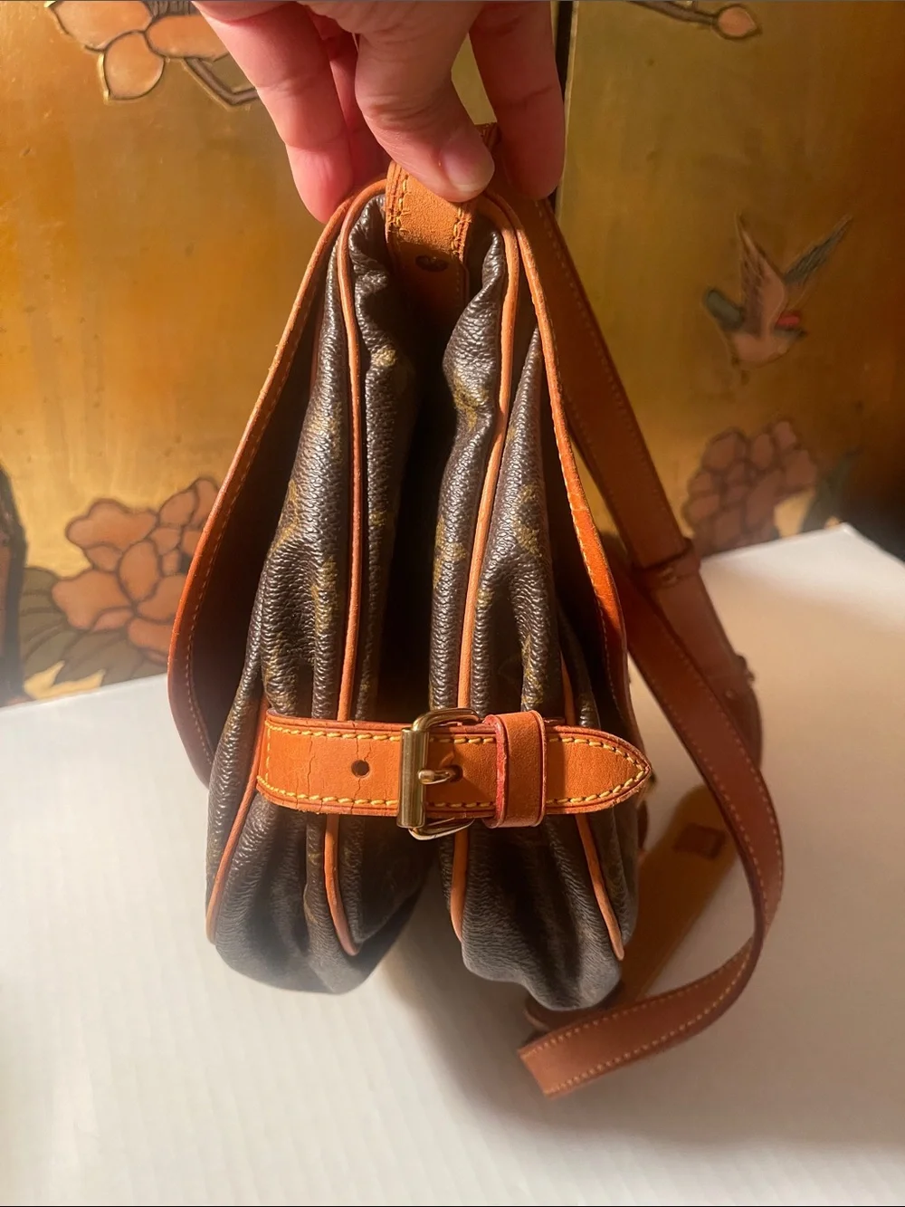 Louis Vuitton Brown Monogram Canvas Crossbody with Tan Leather Strap